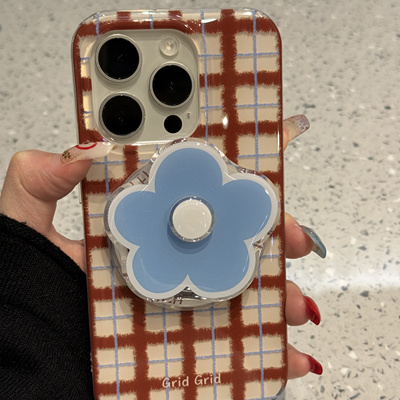 简约红蓝白格纹花朵转转磁吸支架适用iPhone16pro/15手机壳苹果13磁吸壳13promax个性14promax简约15promax