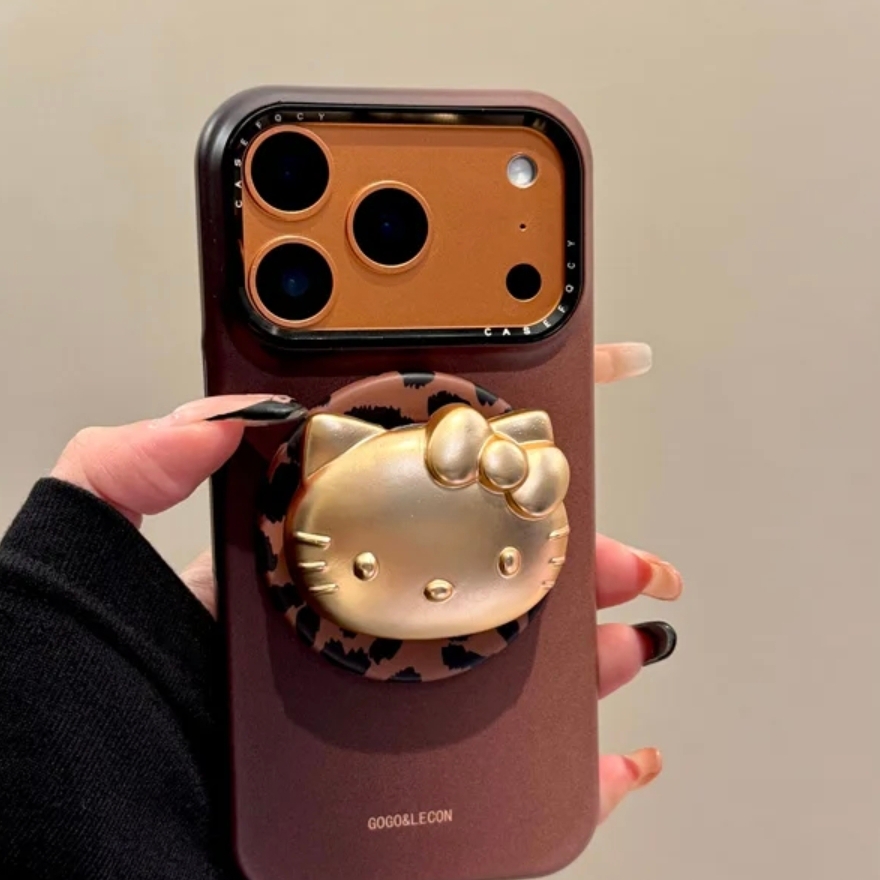 豹纹底金色KT猫磁吸支架适用iPhone17promax/16PRO手机壳苹果13个性14promax简约15promax硬壳14PRO新款
