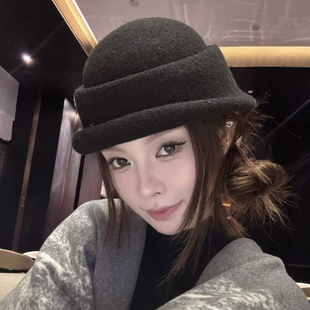 北国来信~民国风复古黑色小礼帽女秋冬纯羊毛渔夫帽赫本风小盆帽