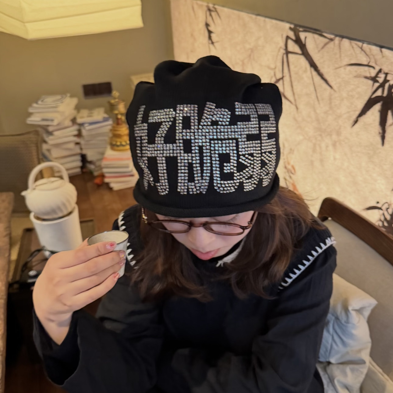 冬季水钻毛线护耳帽防寒显脸小图片