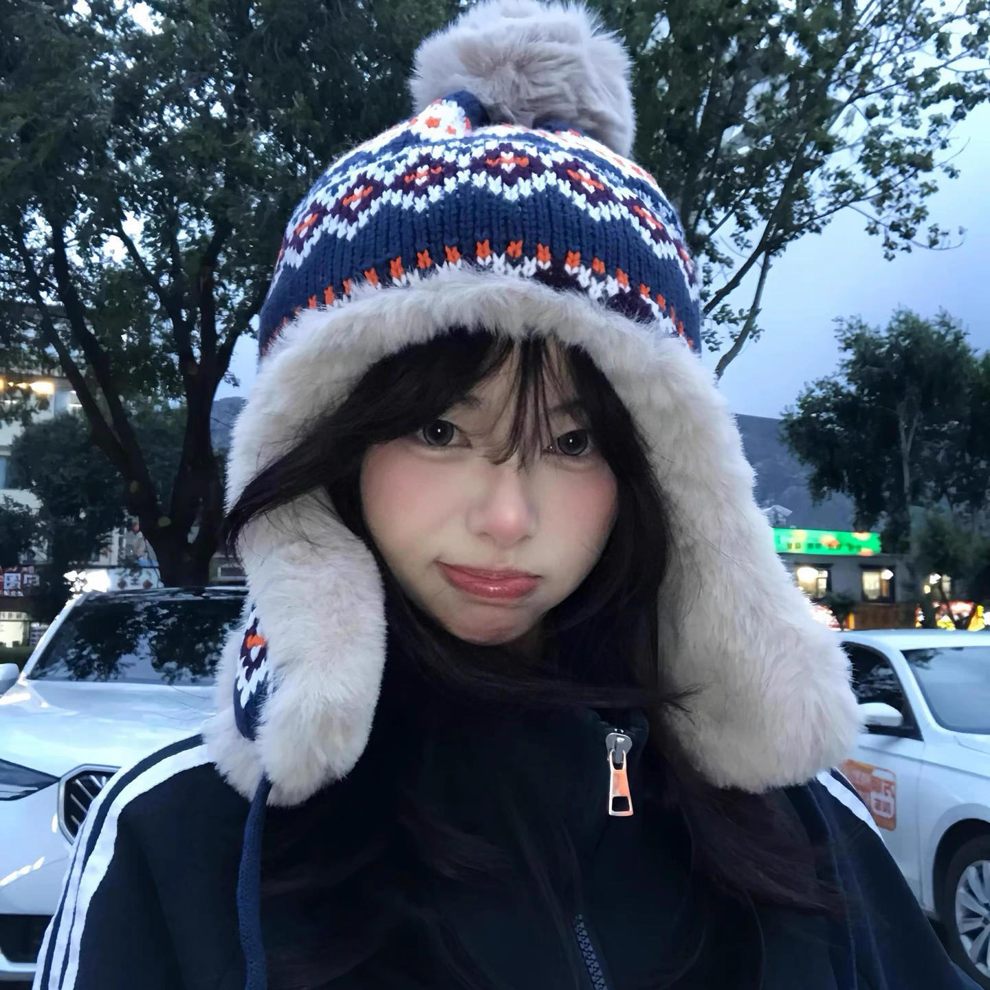 复古费尔岛风提花针织毛绒套头帽