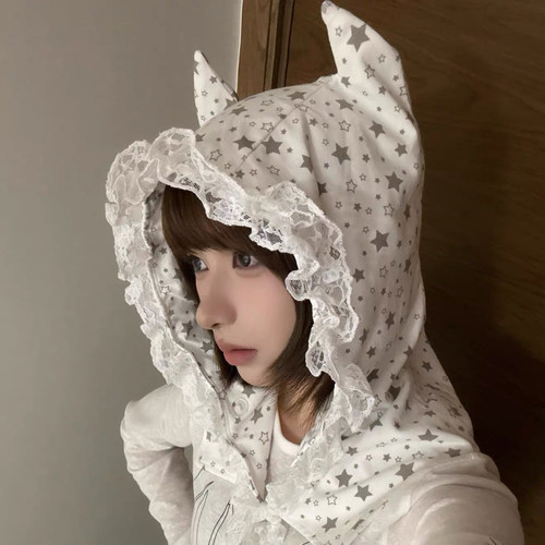 Y2K可爱星星蕾丝飘带连帽帽子