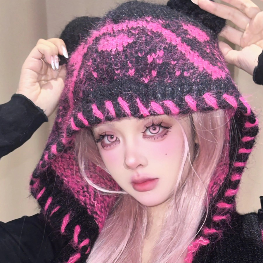 可爱小熊耳朵帽子围巾一体女冬季