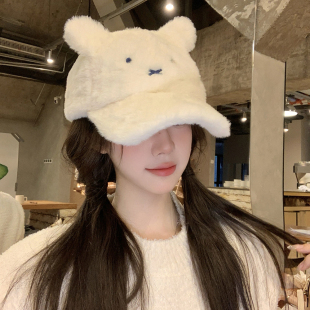 韩国2025新款 可爱卡通毛茸茸小兔耳朵刺绣棒球帽秋冬女保暖鸭舌帽