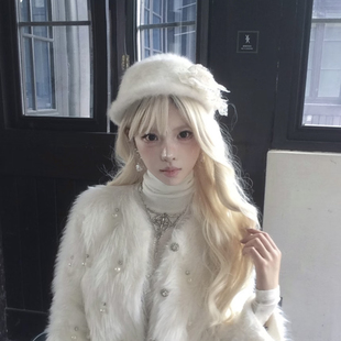 法式白色玫瑰花朵卷边礼帽女冬赫本风毛绒针织贝雷帽千金气质盆帽