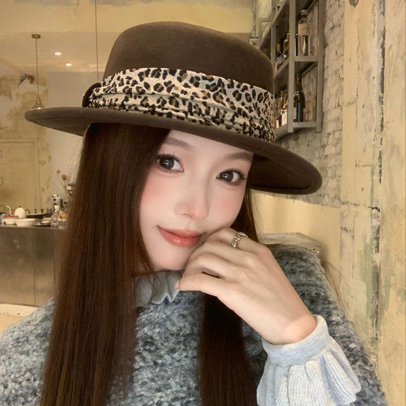 法式复古豹纹盆帽女秋冬显脸小