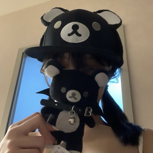 原创自制辣妹甜酷风黑色小熊帽