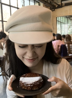 法式富家千金贵妇白色纯羊毛报童帽女秋冬季显脸小不规则贝雷帽子