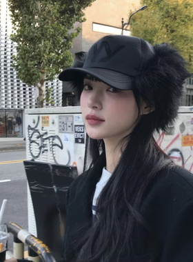 宁艺卓同款黑色yy帽子仿皮草秋冬保暖棒球帽显脸小新款时尚百搭