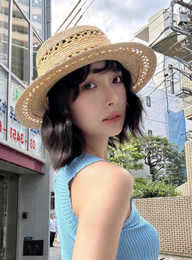 『100%拉菲草』手工编织平顶草帽子女2025新款夏防晒镂空优雅礼帽