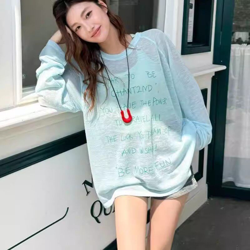 慵懒风夏季薄款长袖t恤女宽松韩版防晒衣轻薄透气防晒罩衫上衣