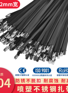 304喷塑不锈钢扎带10mm黑色金属扎PVC涂层桥架束线带标牌电缆扎丝
