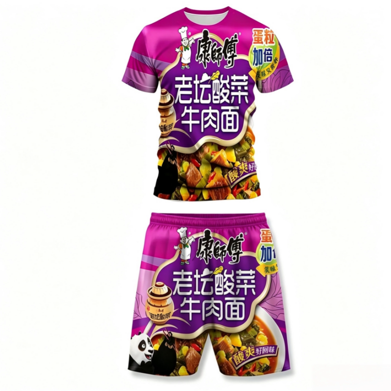 夏季新款康师傅方便泡面3D印花短袖睡衣套装休闲百搭爆款T恤短裤