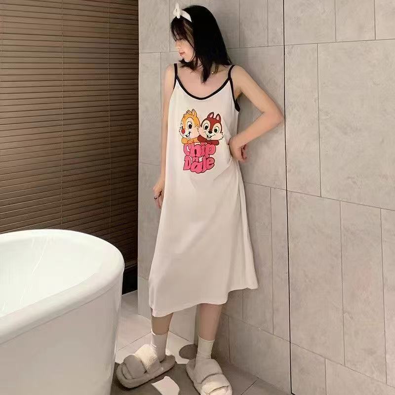 可爱松鼠印花无袖长款睡裙女夏季