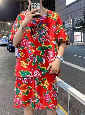 东北大花棉绸睡衣短袖短裤