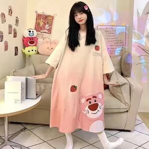 甜美卡通猫咪睡裙女夏季短袖圆领可外穿宽松家居服连衣裙