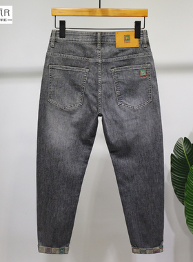 布冷布热夏季烟灰色九分裤男薄款印花面料弹力透气修身小脚牛仔裤