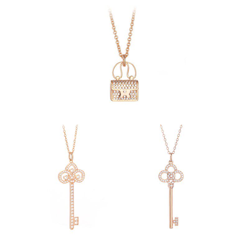 纯银小众轻奢女士s925镀18K玫瑰金包包项链镶钻吊坠长钥匙锁骨链