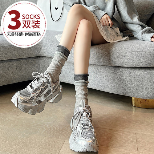 灰色袜子女夏天薄款棉袜透气防臭女生无骨堆堆袜夏季配凉鞋长筒袜