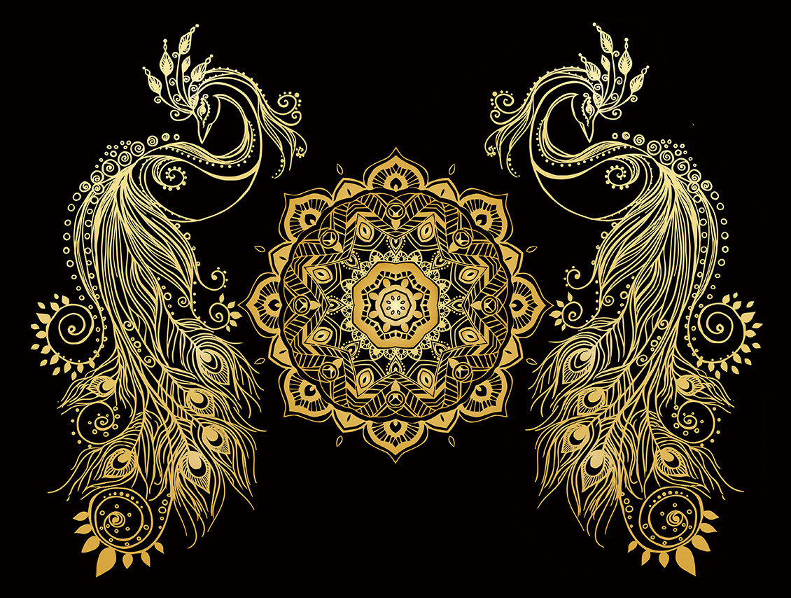 凤凰曼陀罗描金画稿 印度花纹 diy手绘描金画 涂色填色装饰画