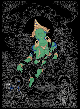 绿度母描金画稿 唐卡西藏手绘DIY描金唐卡 静心减压白描涂色