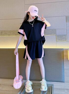 棉质套装女童运动套装夏季新款洋气大儿童学生短袖短裤夏天两件套