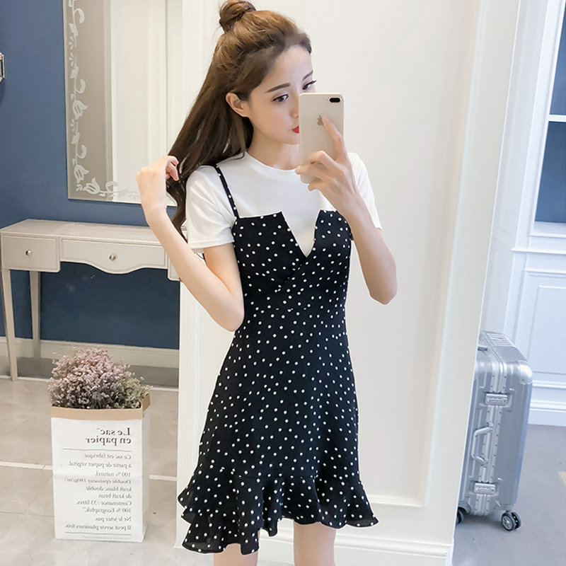臻菲尔~弄点连衣裙女夏季新款显瘦小个子两件套修身波点包臀短裙