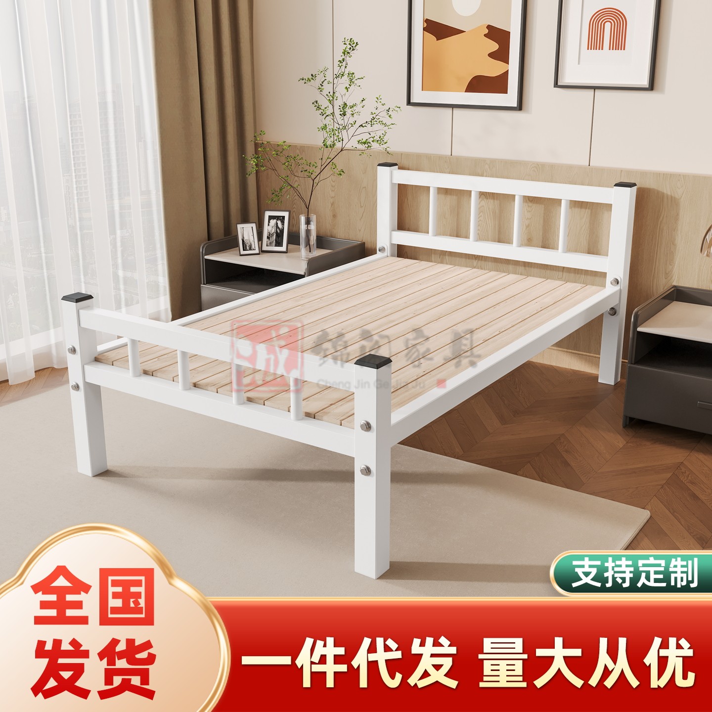 简约特厚铁艺单层床单人双人床学生宿舍卧室铁架床静音无甲醛定制
