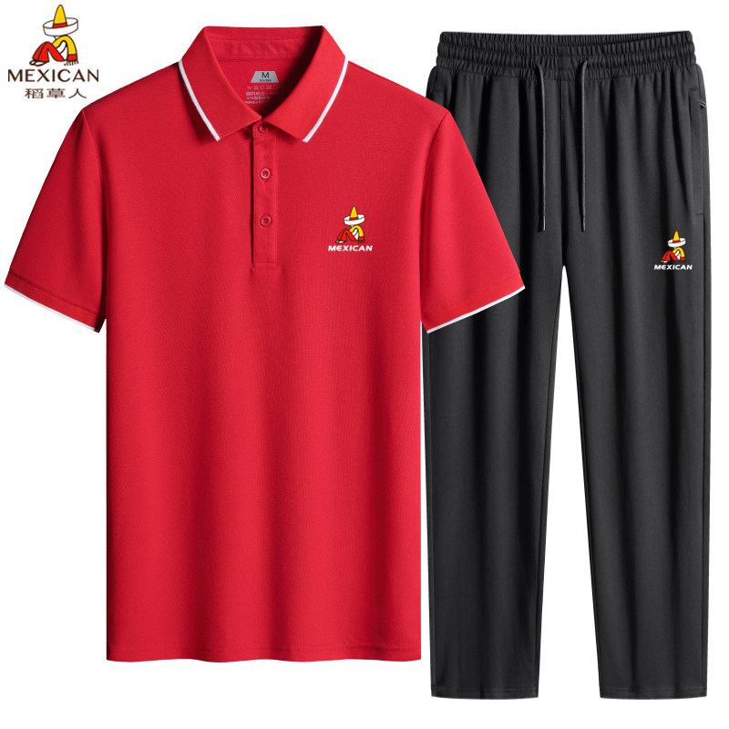 稻草人正品中老年翻领POLO套装男士夏季纯棉休闲运动短袖两件套装