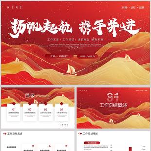 红金曲线帆船背景 扬帆起航携手并进 励志风工作总结汇报PPT模板