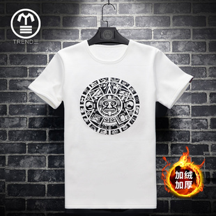 大码 2021年加厚加绒冬季 棉半袖 t恤男精品印花白色打底衫 保暖 短袖