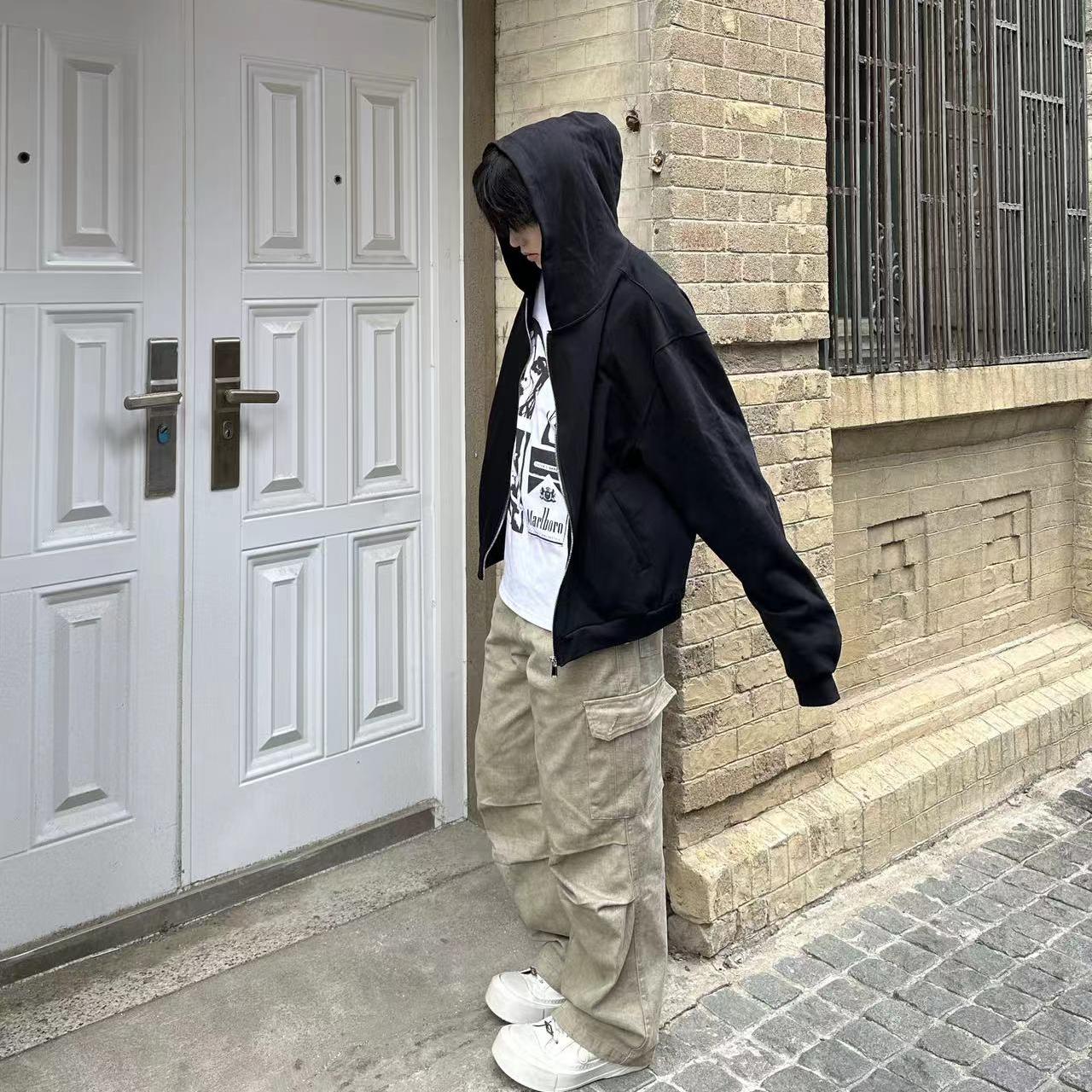 黑色短款开衫卫衣男春秋连帽