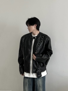 ACME MAN擦色做旧复古圆领皮衣夹克秋季休闲小众PU皮上衣男女外套