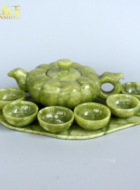 天然南玉茶壶摆件淡绿色玉石玉器茶具套装玉石玉器茶杯茶碗工艺品