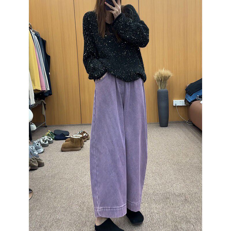 2025新款高级感紫色阔腿裤女春高腰显瘦百搭牛仔裤大码休闲九分裤