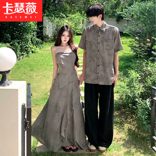 新中式情侣装2026夏季设计感不规则抹胸套装女清冷感禅意气质长裙