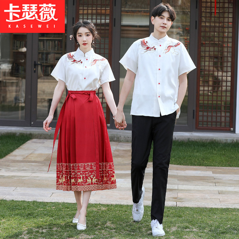 中国风班服夏季初中生刺绣衬衫裙子套装高中学生演出朗诵红歌比赛
