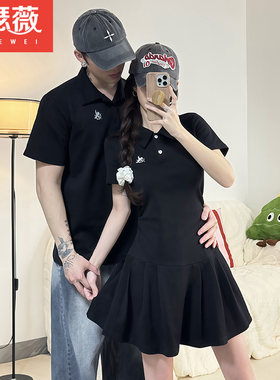 情侣装夏装学院风高级感polo短袖修身连衣裙2025新款收腰显瘦刺绣