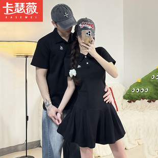 情侣装夏装学院风高级感polo短袖修身连衣裙2025新款收腰显瘦刺绣