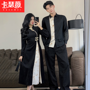 2025春装新款连衣裙新中式情侣装长袖拼色衬衣男女连衣裙一衣一裙