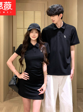 情侣装夏季2026新款polo领刺绣收腰显瘦美式包臀连衣裙女一衣一裙