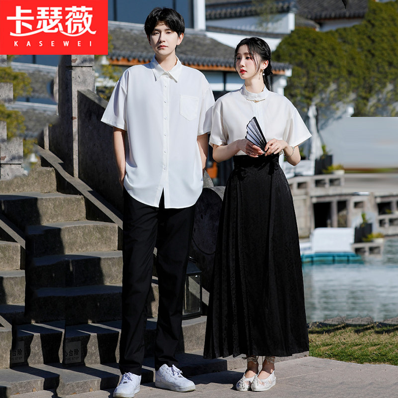 新中式国风马面裙情侣套装刺绣短袖衬衫初中高中学生班服日常可穿