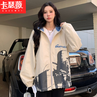 初中学生宽松外套女新款春季休闲印花拼色连帽中性BF棒球服情侣装