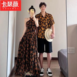 度假风海边沙滩浪漫旅游 情侣装 夏季 碎花挂脖无袖 露肩连衣裙女法式