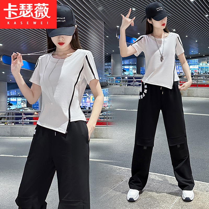 圆领短袖T恤衫工装裤女2025新款春秋季显瘦高腰百搭休闲运动套装