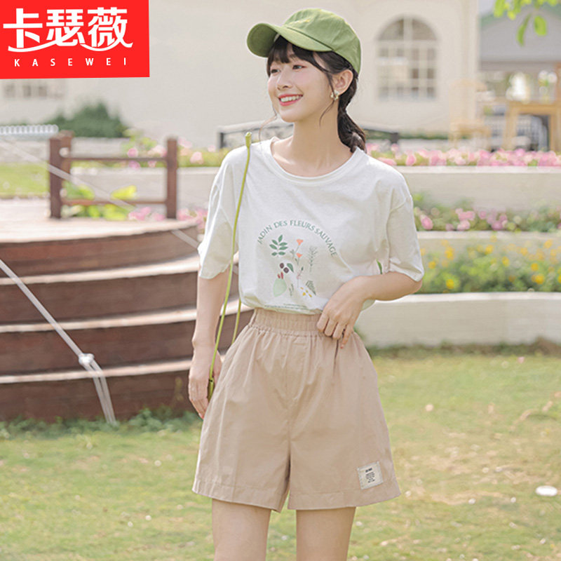 短袖短裤两件套装女夏季新款初中高中学生妹松紧腰a字显瘦五分裤