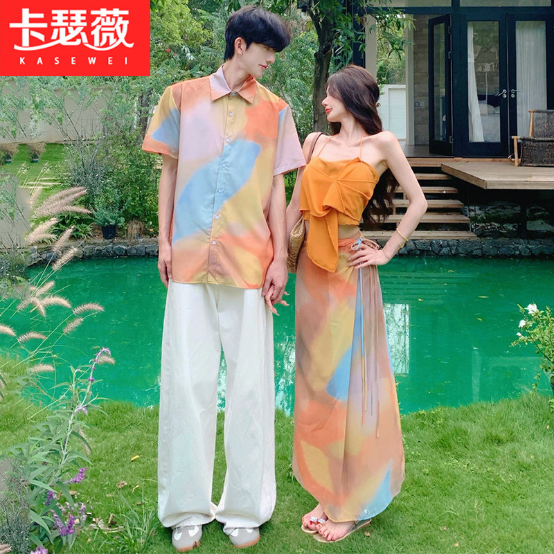 海边度假风情侣装夏季多巴胺穿搭套装挂脖背心包臀半身裙一衣一裙
