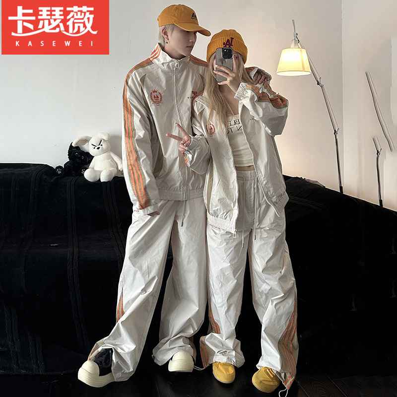 情侣装秋冬美式复古拼接外套男女立领休闲运动套装中学生班服套装