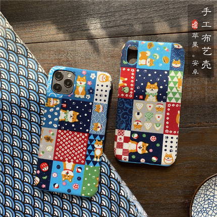 柴犬iphone12手机壳原创手工布艺日系和风格子可爱萌适用oppor17