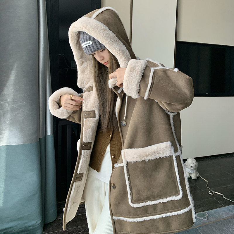 高级感连帽加绒加厚皮毛一体棉服外套女冬季新款麂皮绒机车服棉袄，女装毛呢外套，浙宝098